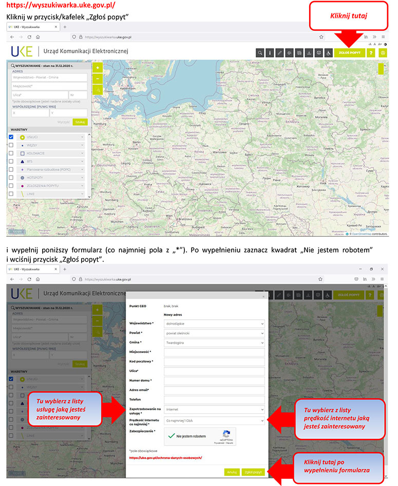 Zgłoszenie zapotrzebowania  na szybki internet szerokopasmowy w Urzędzie Komunikacji Elektronicznej